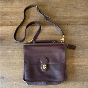 Vintage Coach Dark Brown Leather Messenger Bag with Gold Hardware